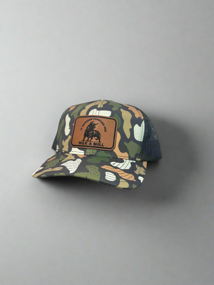 If Genders Confuse You, Milk a Bull Premium Leather Patch Hat